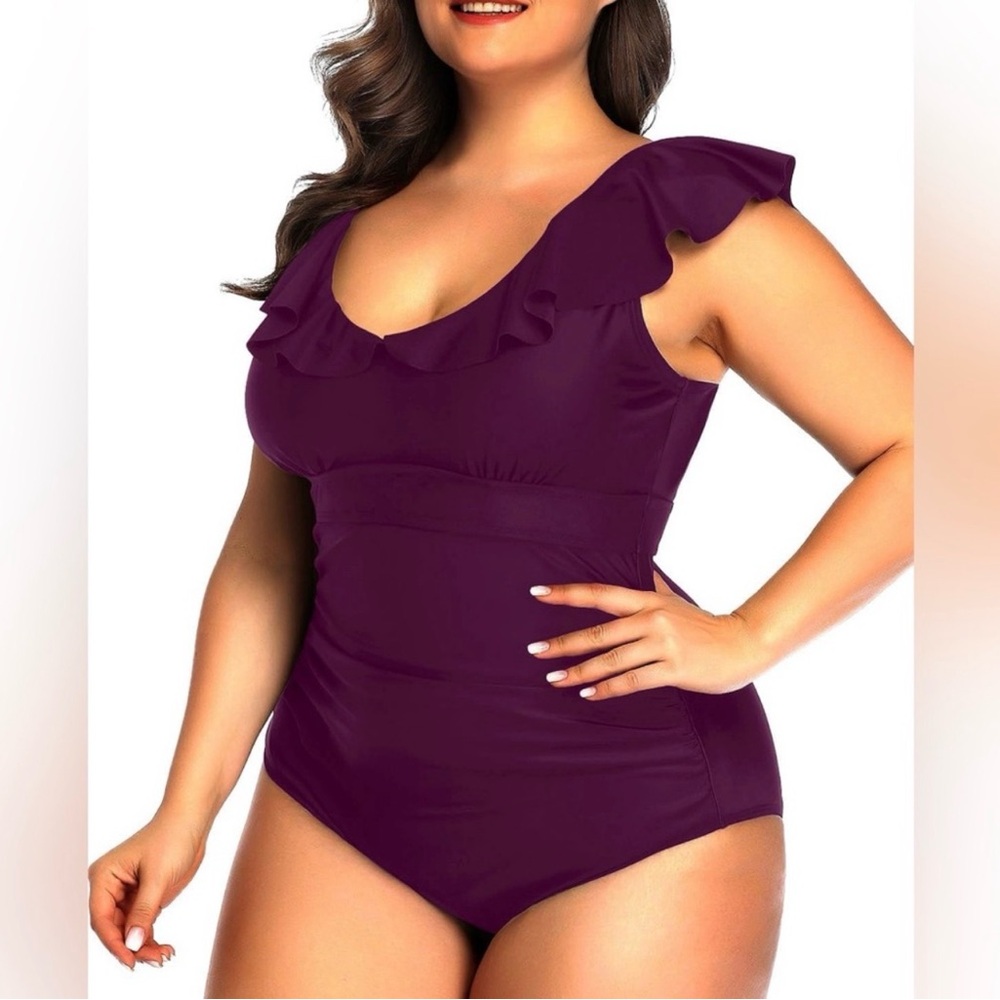 🔵”NWT” Elegant MAROON Ruffle One-Piece Swimsuit - Picture 6 of 13